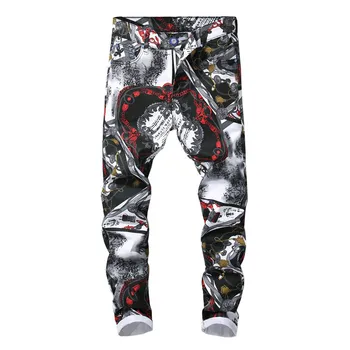 

Mens Fashion Jeans 3D Printed Slim Fit Casual Jeans Trendy Colored Drawing Stretch Denim Pants Straight Trousers Streetwear 2019
