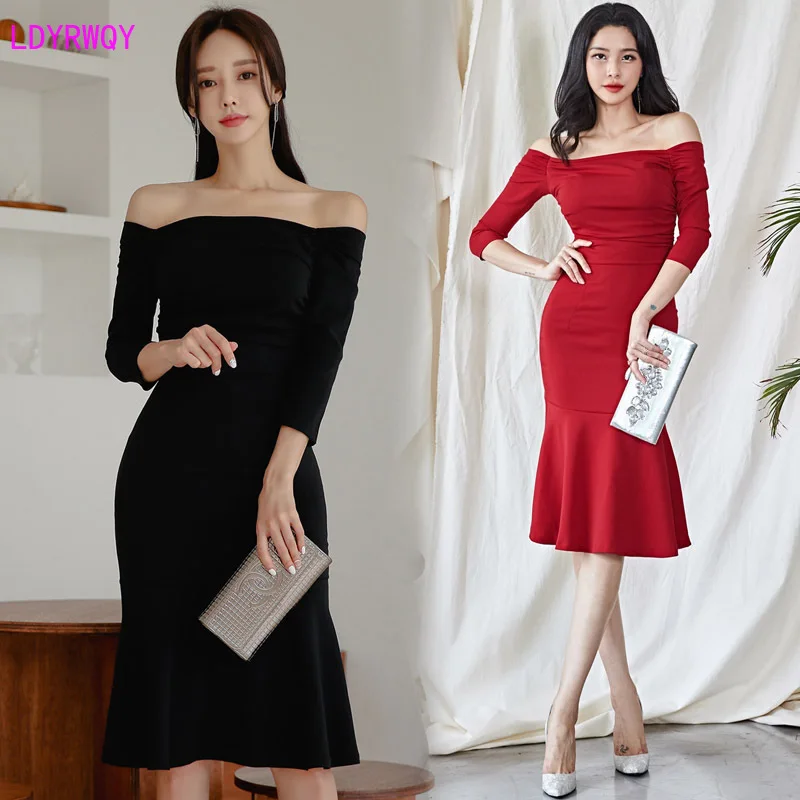 

2019 autumn new Korean version of the temperament word collar strapless seven-point sleeve Slim thin package hip fishtail dress