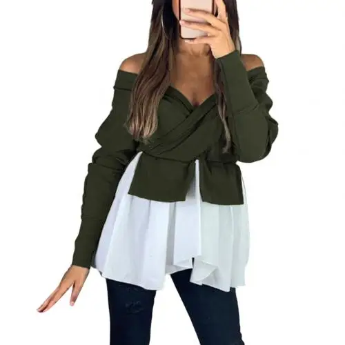 Army green Модные женские топы с открытыми плечами, пышными рукавами, рюшами и v-образным вырезом, Свободный Топ без бретелек, повседневная Однотонная футболка, блузка - Color: Army green