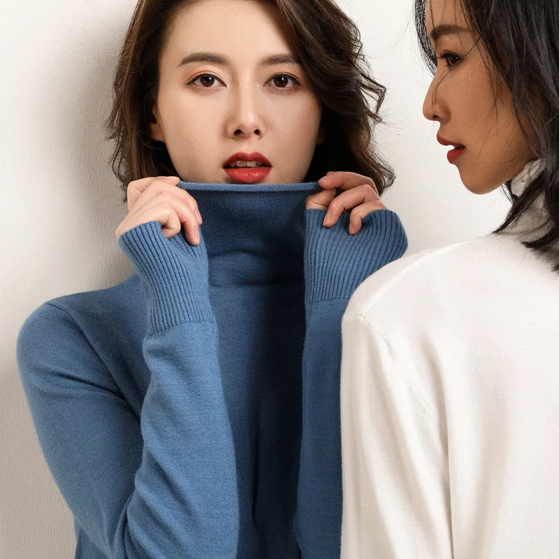 

2020 new thickened pile pile collar pullover sweater female winter slim long sleeves with high collar knitted bottoming shirt