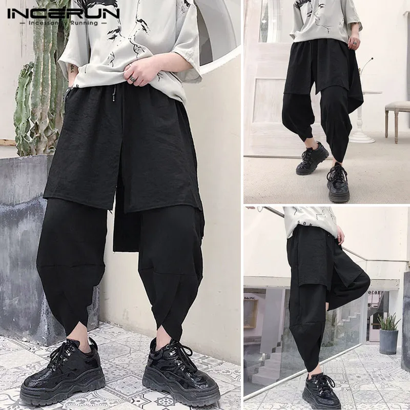 

INCERUN 2020 Men Casual Loose Punk Pantalones Hombre Streetwear Men Harem Pants Solid Joggers Elastic Waist Irregular Trousers