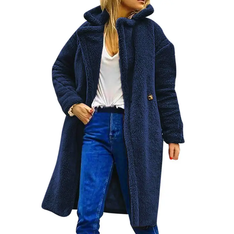 Для женщин зимние теплые свободные длинные флисовая куртка, пальто верхняя одежда, Большие размеры - Цвет: Тёмно-синий