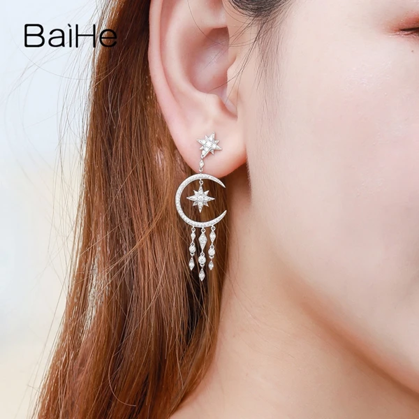 BAIHE Solid 14K белое золото(AU585) 0.12ct H/SI круглые натуральные бриллианты Свадебные модные ювелирные изделия подарок серьги-гвоздики