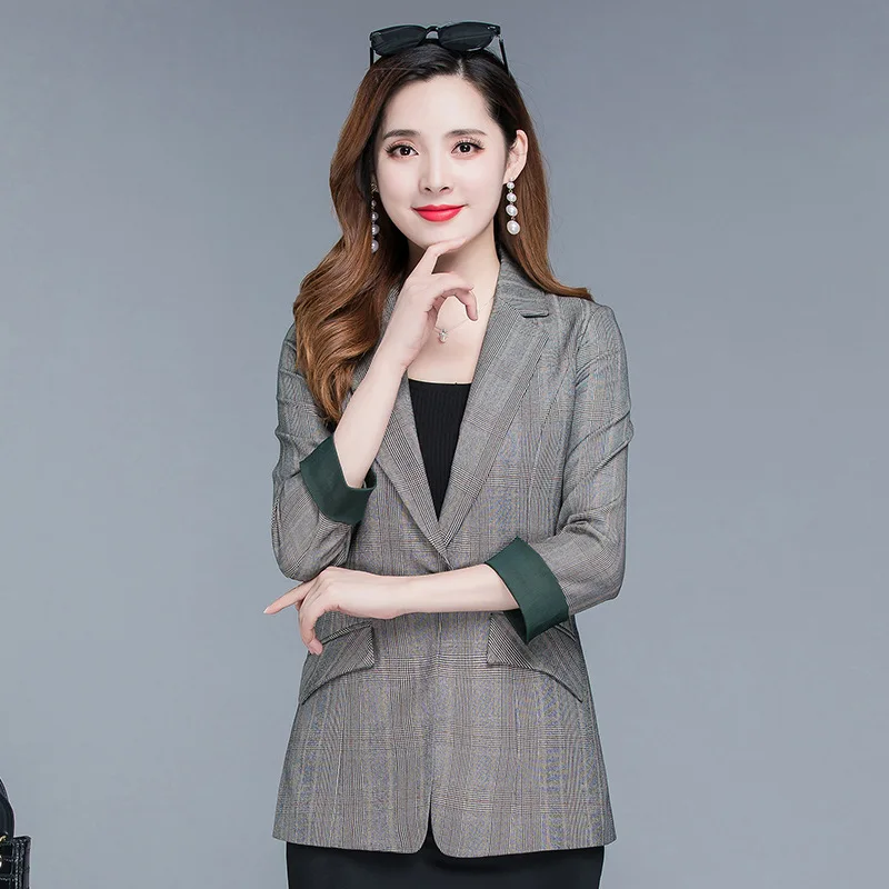 

Plaid Suit Jacket Women's 2019 New Style Autumn Popular Korean-style One-Button Short-height Slimming Blazer