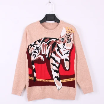 

Korean Autumn Winter Women Knitted Sweater Elegant Drop Sleeve Thick Female Sweater Cat Print Fashion Ladies Sweater Animal Tops