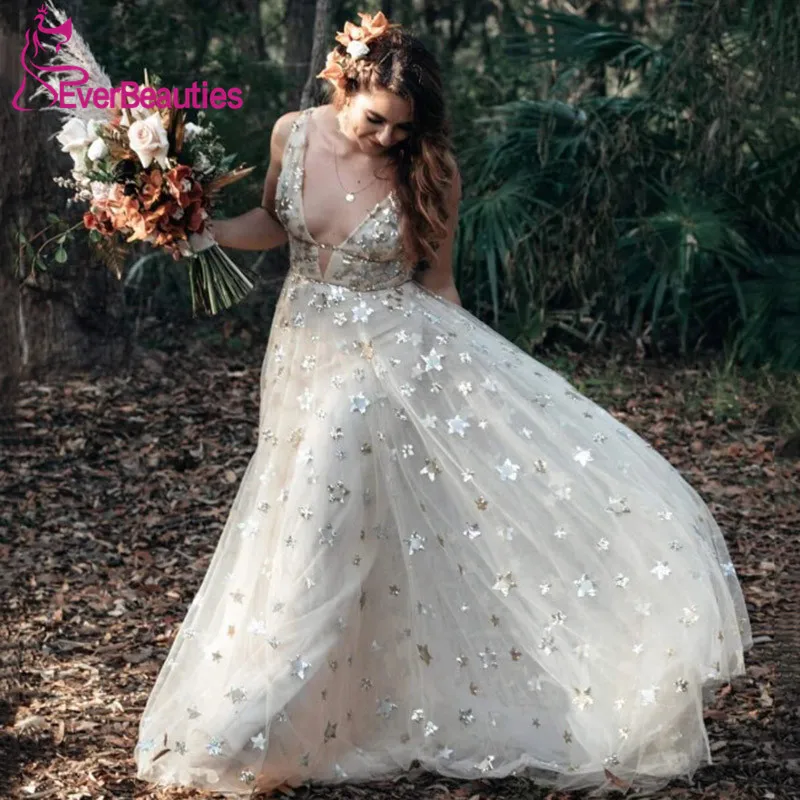 

Beach Wedding Dresses 2020 V-Neck Vestidos De Noiva Doura Boho Bride Dress Glittery Star Tulle Wedding Gowns Robe De Mariee