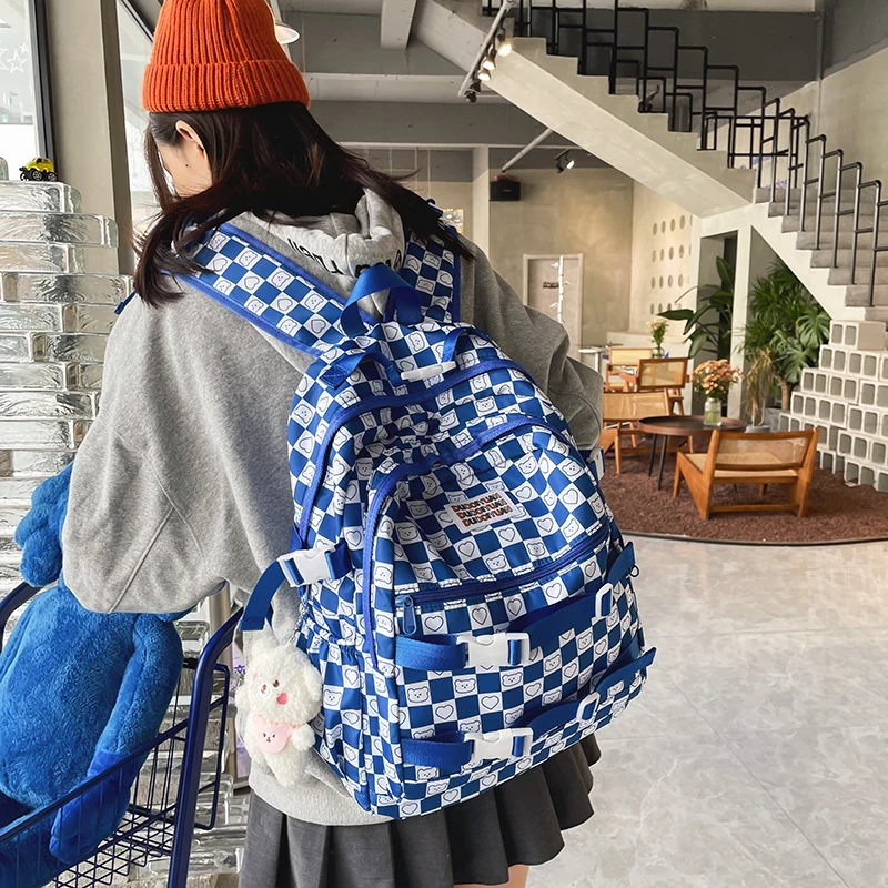 Cute Plaid Women Canvas Backpack Teenage Girls School Books Bag Large Capacity Young Ladies Laptop Bags Female Travel Backpacks