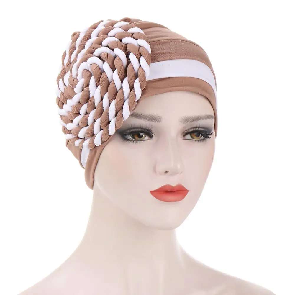 

Fashion Muslim Two Color Braid Hijab Bonnet Women Indian Chemo Cap Islamic Headband Turban Femme Musulman Islamic Headscarf Hat