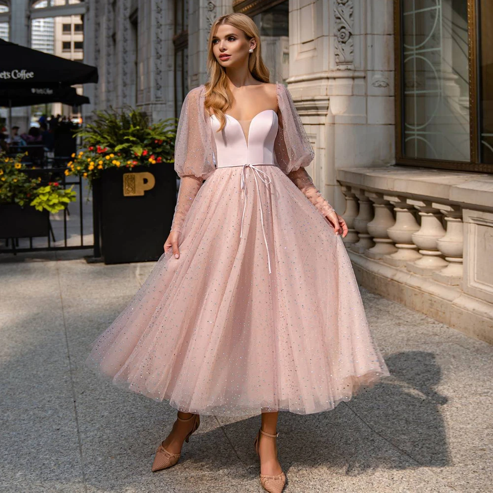 Vestidos de cortos rosa, escote Corazón, desmontable, mangas largas, corsé de tul con purpurina en la vestidos fiesta de noche| Vestidos de graduación| - AliExpress