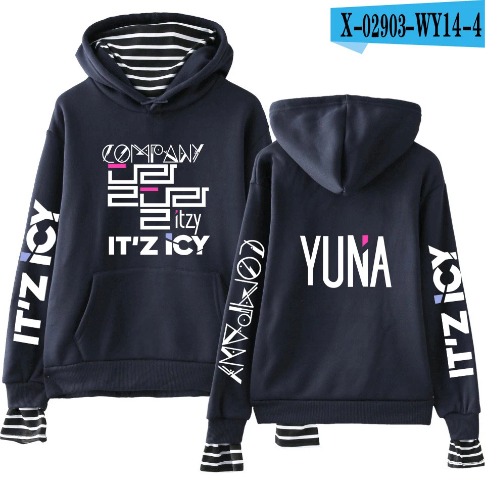 LUCKYFRIDAY популярный ITZY полосатый капюшон пэчворк длинный рукав толстовка с капюшоном Женский черный Kpop Harajuku Повседневная Толстовка - Цвет: Navy