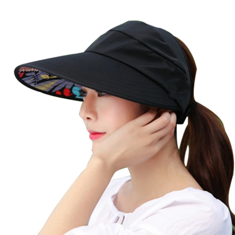 Цветочный принт, складная летняя Солнцезащитная шляпа с широкими полями для девушек, модная женская Повседневная шляпа, Пляжная УФ-защита для путешествий, Женская Гибкая шляпа - Цвет: black