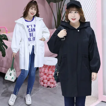 

Plus Size Casual Adjustable Waist Long Trench for Women Loose Hooded European Trench Coats Solid Zipper Designer Wind Breaker
