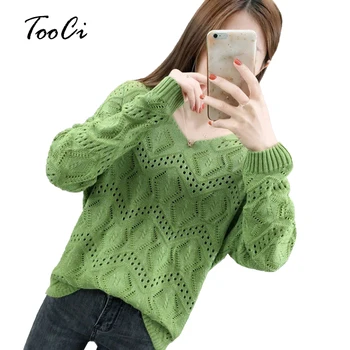 

V-neck sweater women's spring new fashion hollow knit base sweater outer wear wild long sleeve pullover Candy color tops