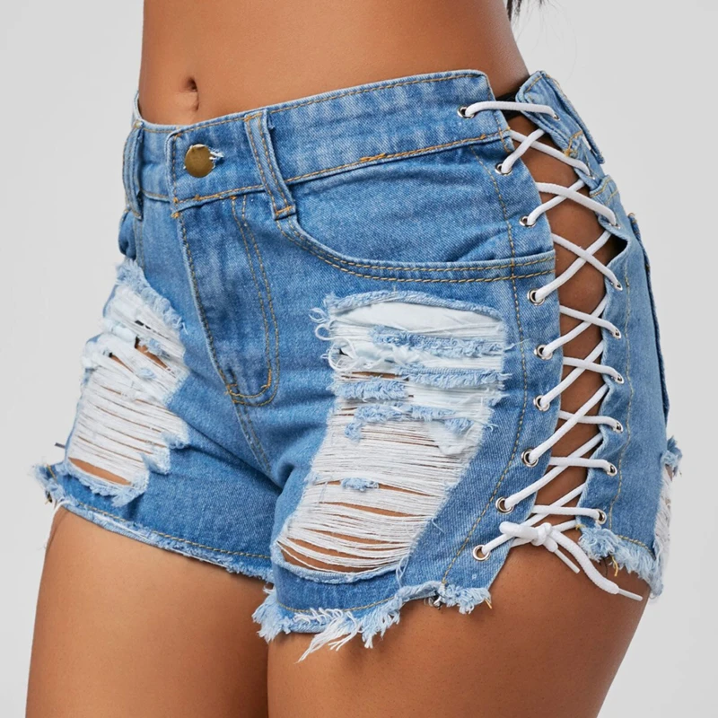 

Sexy Women Denim Shorts 2023 Summer New Black Blue High Waist Ripped Short Casual Jeans Tassel Lace Up Bandage Hotpants