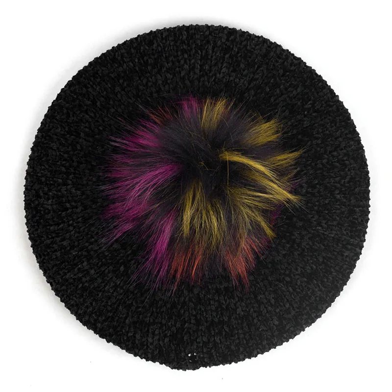 Black23 Женские Модные береты с помпон из искуственного меха Pom Chenille мягкие зимние теплые шапки женские французские художники берет шапки для волос Повседневная шапка - Цвет: Black23
