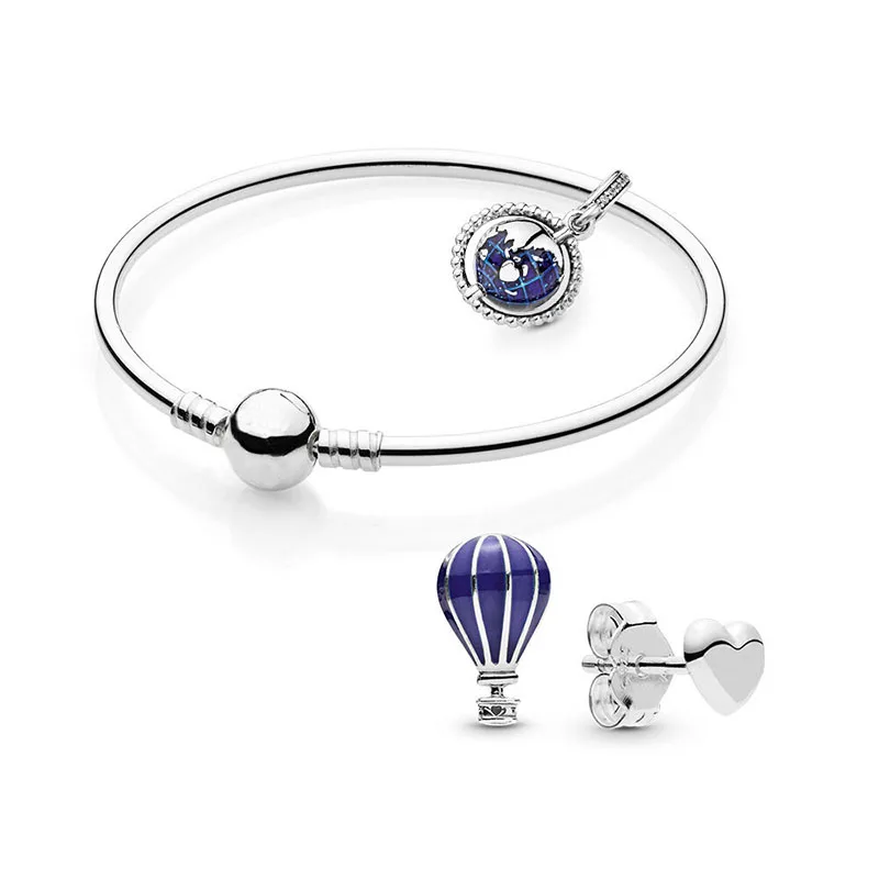 

925 Pure Silver Hot Air Balloon Charm Fit Original Pans Travel The Globe Bracelet and Earring Set for Women DIY Jewelry Gift