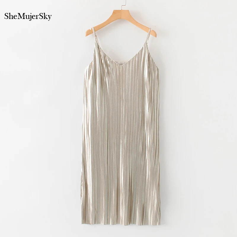

SheMujerSky Women Spaghetti Strap Sequined Midi Dress Sleeveless Pleated Woman Dress 2019 robe longue femme