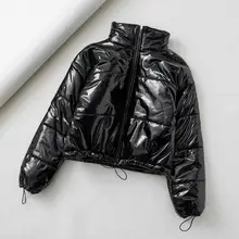 Новинка, горячая мода, женские зимние теплые парки из искусственной кожи, пальто из искусственной кожи, женские элегантные толстые куртки на молнии с хлопковой подкладкой черного цвета