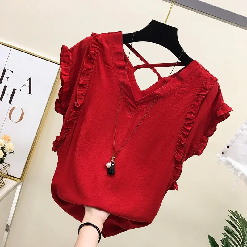 Vintage Ruffle Blouse Women Chiffon Short sleeve V neck Backless Korean Fashion Clothes Ladies Summer Top Casual | Женская одежда