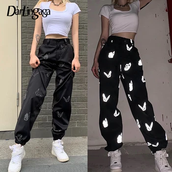 

Darlingaga Streetwear Reflective Butterfly Print High Waist Pants Women Fashion Festival Trousers Track Pants New Pantalon Femme