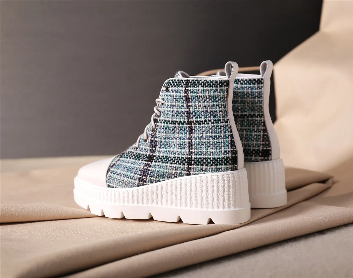 Women's genuine leather fabric patchwork lace-up platform flats ankle boots leisure punk short martin boots high quality shoes