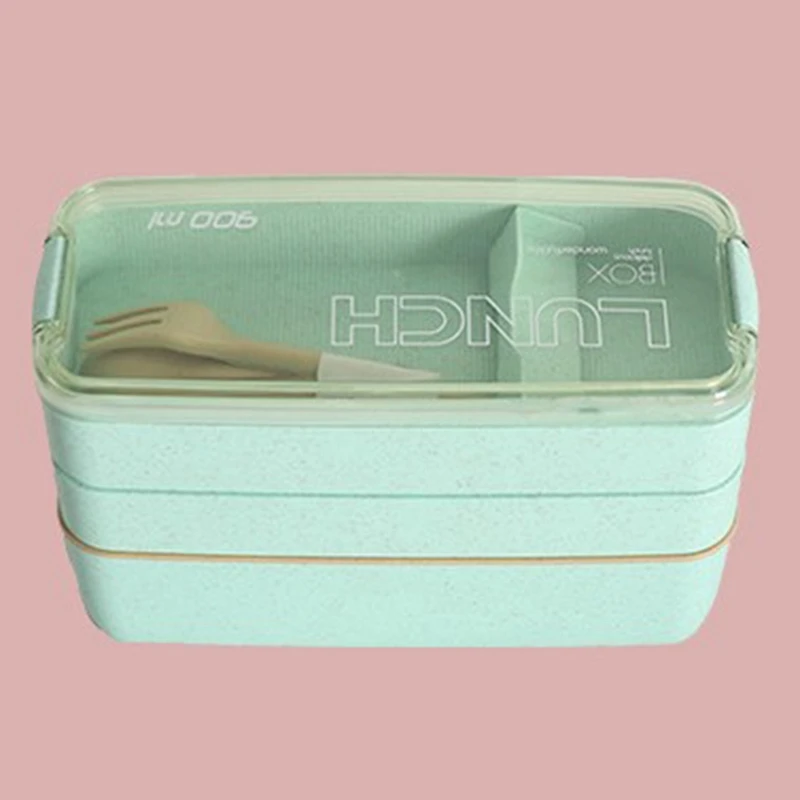 GR 3Layer Portable Wheat Straw Lunch Box Food Storage Case Container Dinnerware Microwave Bento Box For Child Student High Quality - Цвет: GR