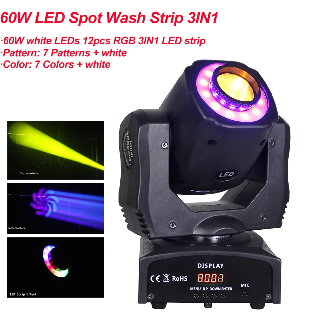 

Mini Spot 60W LED Moving Head Light With LED Strip Effect Lights High Brightness DMX512 Sound DJ Disco Party Stage Lighting