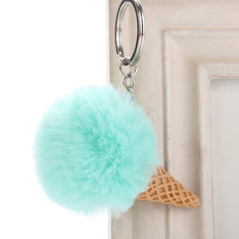 

New Cute Ice Cream Keychain 12*10cm Faux Fur Pom Pom Key Chains for Women Car Bag Pendant Keyring Jewelry Kids Gift