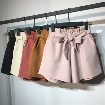 

2018 New Summer Autumn Fashion Elastic Sashes High Waist Shorts Women Vintage Wide Leg shorts Solid Thin Bow Female Shorts Mw204