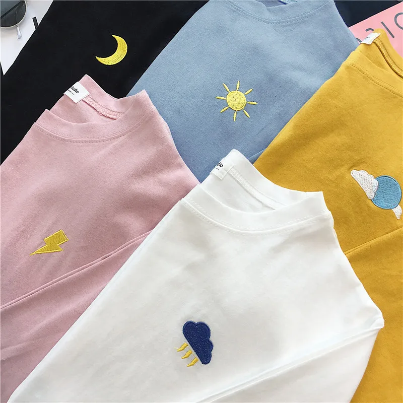Корейские женские футболки ulzzang, harajuku, забавная футболка с вышивкой, осенняя Повседневная Свободная футболка с длинным рукавом, черные и белые топы