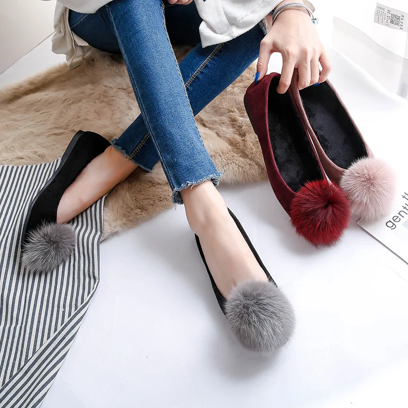 

Shoes Women Rabbit Fur Slip on Loafers Plus Size Slides Square Toe Ballet Flats Shoes Winter Zapatos Mujer Black Wine Red Pink