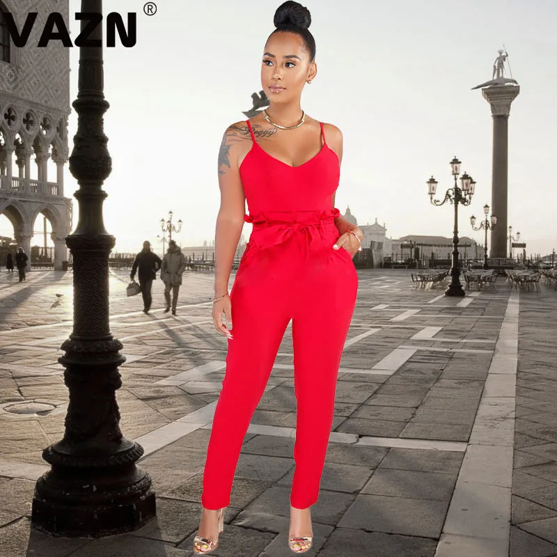 VAZN GMYF19366 new party o-neck loose night club age reduction lady jumpsuit sleeveless long pant jumpsuits sexy wind rompers - Цвет: Красный