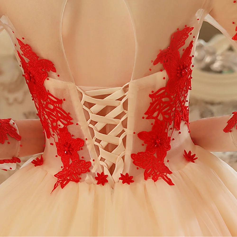 Роскошные бальные Свадебные платья с часовым шлейфом Vestido De Noiva Princesa красный орнамент жемчуг длинный рукав платье невесты
