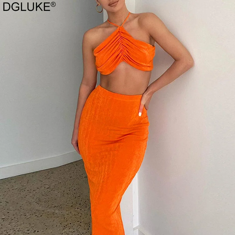 Halter Crop Top And Skirt Set Sexy Women Outfits Summer Dress Sets Cami Top Two Piece Set Skirt Elegant Party Club Outfits