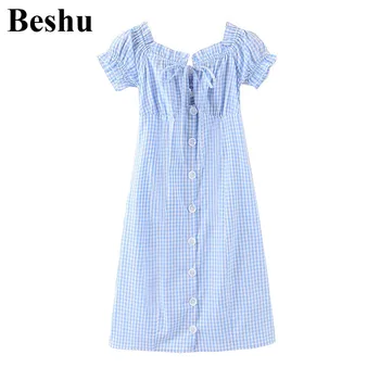 

za 2020 fashion mini dress women blue cotton blend plaid square collar lace-up dress single-breasted elegant high waist mujer