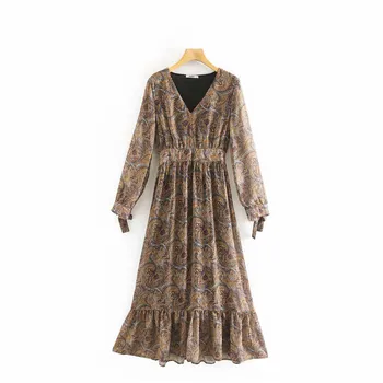 

Women Vintage Print Chiffon Maxi Dress Long Sleeve V-neck Chic Sashes Female Elegant Casual Ankle-length Dresses Vestidos Mujer