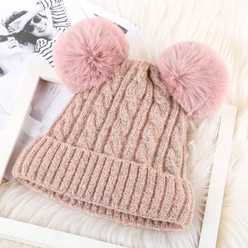 

New Product Winter Hats Male Ma'am child Increase Velvet Double Ball Pullover Wool Hat Keep Warm Lovely Knitting Cap Tide
