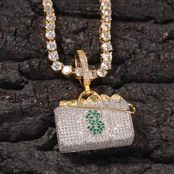 

Hip Hop Men's Gold Color Beauty Money Bag Pendant Copper Inlaid Zircon Pendant Necklace Ice Out Cuban Neckacle Chain For Men