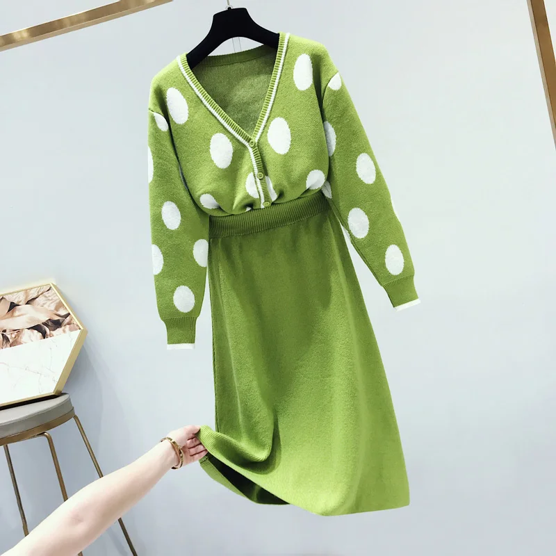 

Women Sweet Korean Clothes 2 Piece Sets New 2019 Spring Autumn Cute Dot V Neck Sweater + Skirt Track Suit Woman Outfit Set