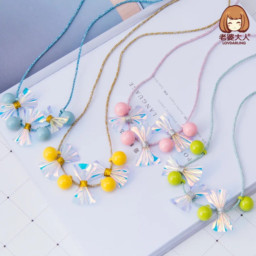 

His Wife Acrylic Ball PU Leather Bow Fairy Tale Skin-Friendly Chain Princess Style CHILDREN'S Necklace Sweater Chain