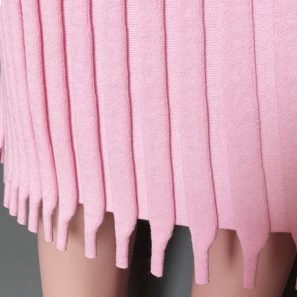 Vintage Women Long Sleeve O Neck Waist Tight Knitted Pleated Midi Sweater Dress