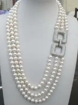 

Triple strands 9-10mm AAA Natural south sea white pearl necklace 18-20 inch