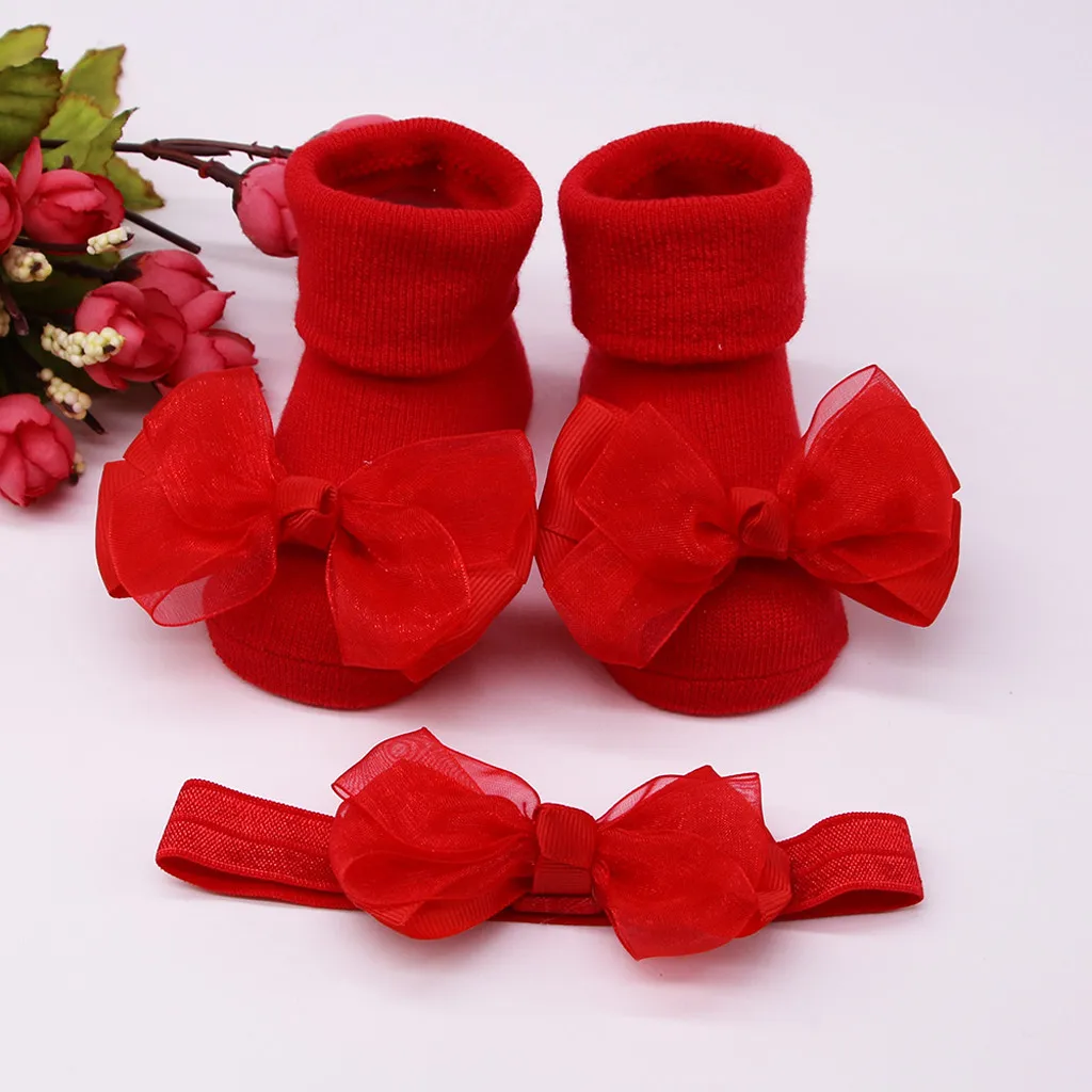 Носки для новорожденных и младенцев+ 1 шт., нескользящие носки с бантом для маленьких девочек зимние модные мягкие хлопковые носки принцессы для девочек C810
