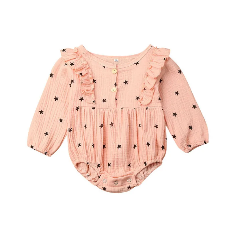 Newborn Baby Girls Boys Bodysuits Clothes Cotton Ruffle Long Sleeve Jumpsuit Outfits Infant Kids Clothing - Цвет: Розовый