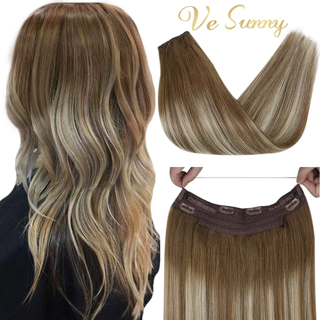 Human Hair Crown Extensions Blonde Hair Extensions Invisible Real Human Hair Double Weft Halo Real Hair Extensions Human Hair 6-60-6