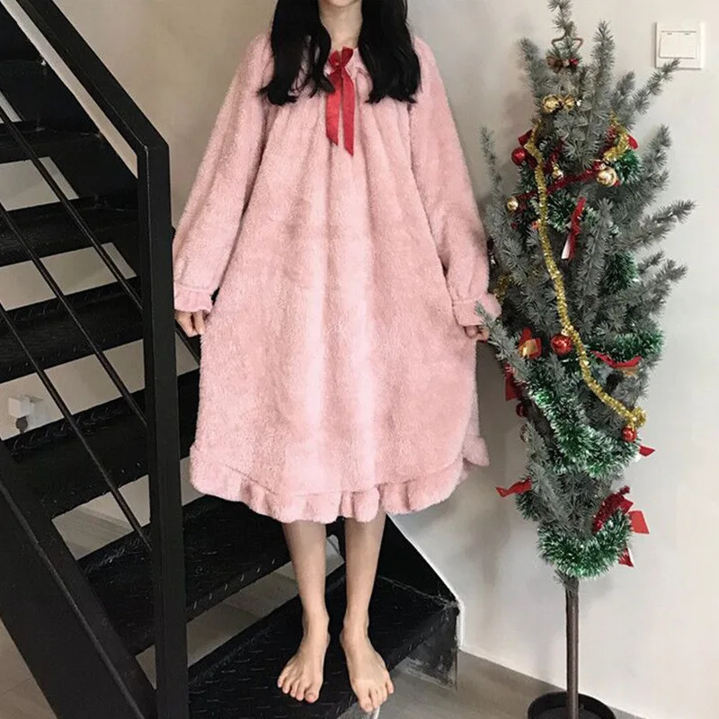 

Korean-style Loose-Fit Princess Style off-Shoulder-Outer Wear Autumn And Winter Pajamas Bow Thick Warm Pajamas Nightgown Women's