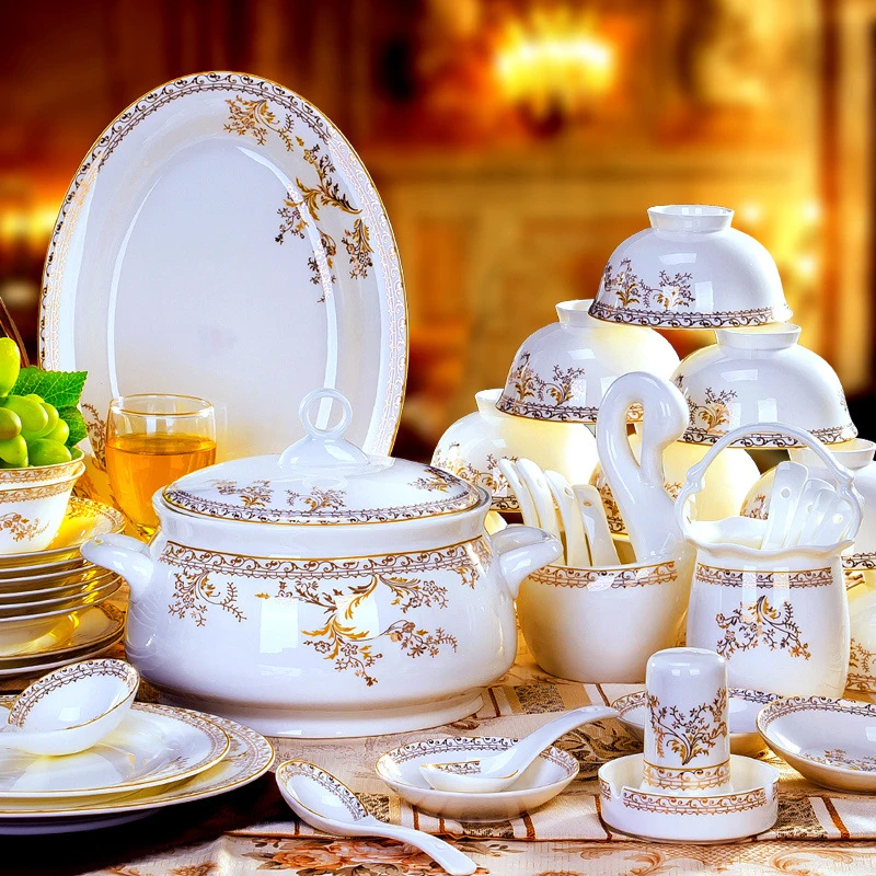 

60pcs Luxurious Jingdezhen Ceramic Tableware Phnom Penh Euro-style Household Promotion Gift Set Dinnerware Set