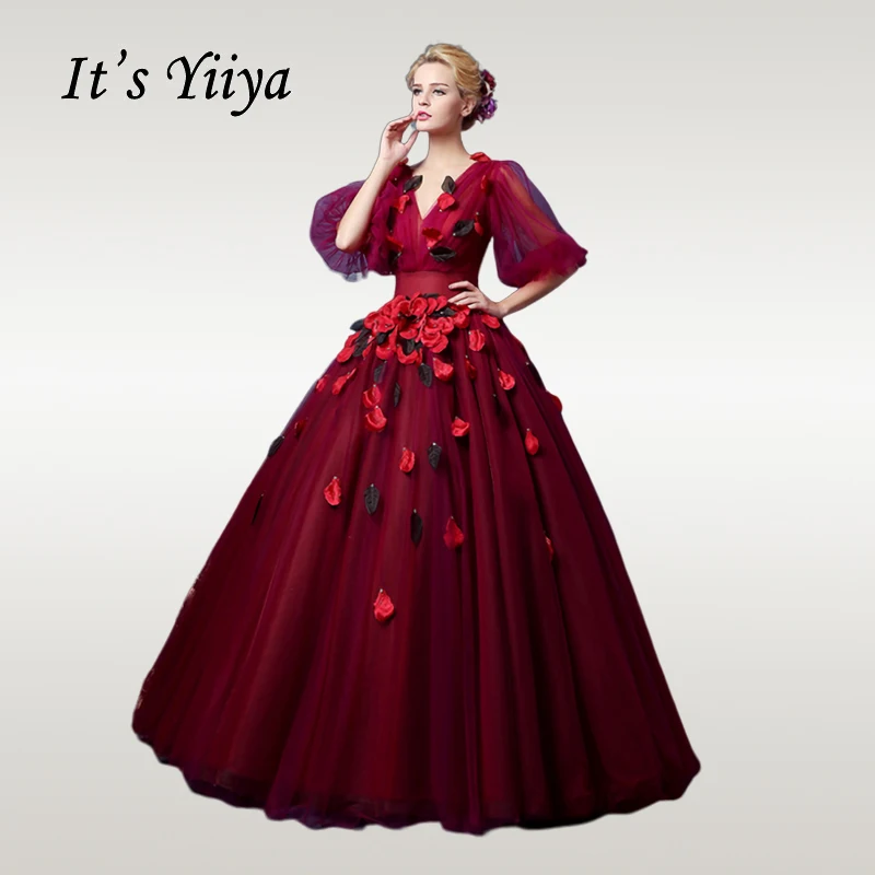 Это Yiya свадебное платье v-образным вырезом фонарь рукав вишневые Свадебные платья Элегантные цветы плюс размер длинный халат De Mariee CH058 - Цвет: burgundy