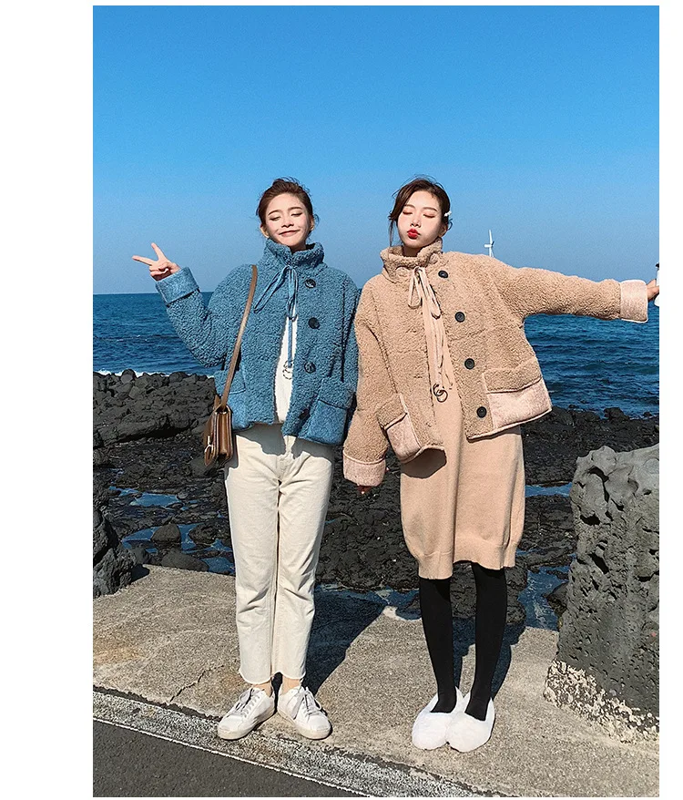 Chic Korean-style Short Loose-Fit Lambs Wool Thick Stand Collar Lace-up Best Friend-Cotton Overcoat Women's Winter Fashion