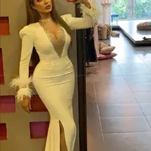 Сексуальная белая Русалка с длинными рукавами перо вечерние платья в Дубае дамы формальные платья бисером Арабская абайя выпускного вечера платье с разрезом